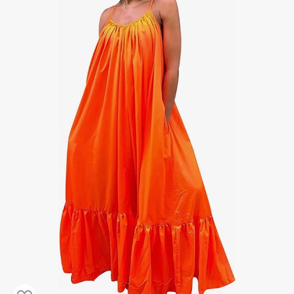 Orange Spaghetti Strap Sleeveless Ruffle Oversized Beach Loose Long Maxi Dress